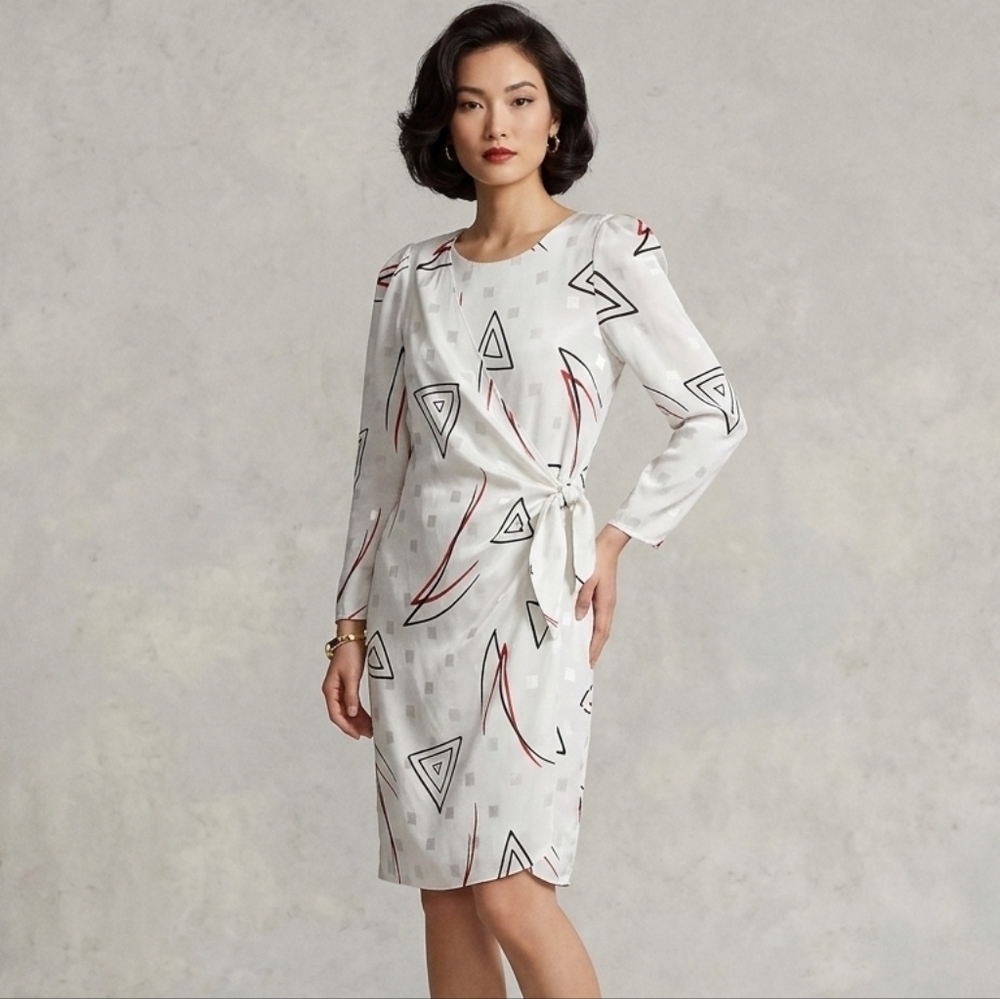 Vintage 80s Charlee Allison Geometric Faux Wrap Dress White Red Black Sz 11/12